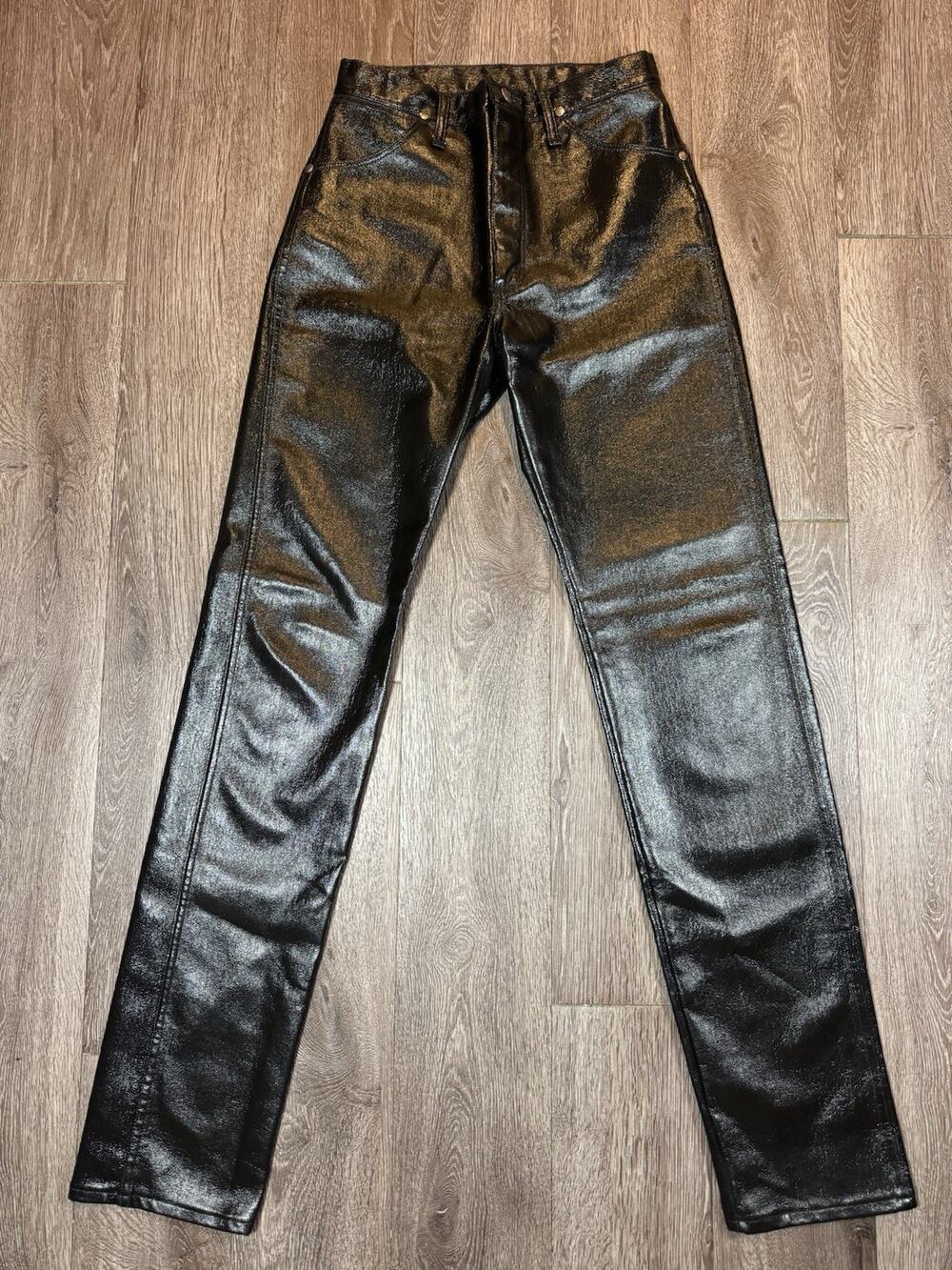 Vtg USA Wrangler MWZY Shiny Black PVC Vinyl Supermodel PANTS Jeans Rare 9 X 36
